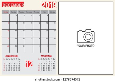 2019 Calendar Monthly Planner Design with Place of Photo, December 2019 year vector calendar design