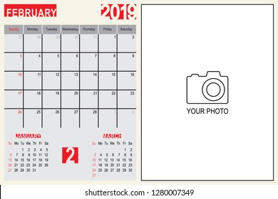 2019 Calendar Monthly Planner Design with Place of Photo, February 2019 year vector calendar design
