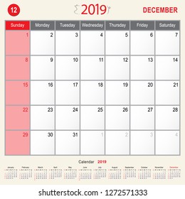 2019 Calendar Monthly Planner of Pig Design, December 2019 year vector calendar design