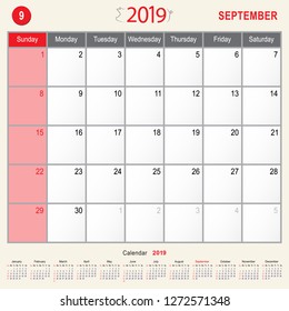 2019 Calendar Monthly Planner of Pig Design, September 2019 year vector calendar design