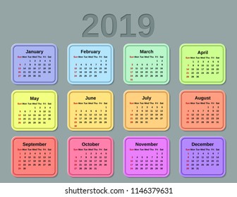 2019 calendar with months of the year. Vector graphics. Week starts Sunday. Design stationery template. Colorful illustration. Yearly simple calendar organizer on gray background. 