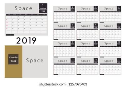 2019 Calendar new year of Vector In 
Simple and without graphics. And free space, Week Starts Sunday.