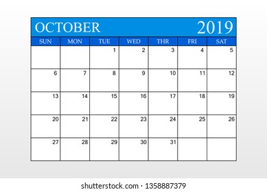 2019 Calendar, October, Blue Theme, Schedule Planner, organizer, weeks start from Sunday, Vector Illustration