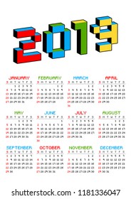 2019 calendar on a white background in style of old 8-bit video games. Week starts from Sunday. Vibrant colorful 3D Pixel Letters. Retro arcade, computer program screen Vector illustration