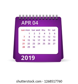 2019 calendar. One Month Calendar. April. Week Starts Monday. Calendar Vector Illustration