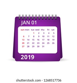 2019 calendar. One Month Calendar. January. Week Starts Monday. Calendar Vector Illustration