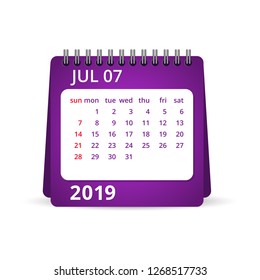 2019 calendar. One Month Calendar. July. Week Starts Monday. Calendar Vector Illustration