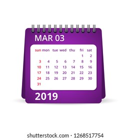 2019 calendar. One Month Calendar. March. Week Starts Monday. Calendar Vector Illustration