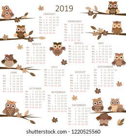 2019 Calendar with owls