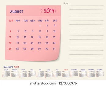 2019 Calendar Paper Note, August 2019 year vector calendar design