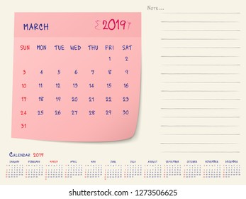 2019 Calendar Paper Note, March 2019 year vector calendar design