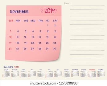 2019 Calendar Paper Note, November 2019 year vector calendar design