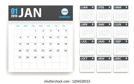 2019 calendar in paper stickers with shadow style. Grey and cyan. Event planner. All size. Vector illustration