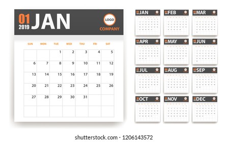 2019 calendar in paper stickers with shadow style. Blue and orange. Event planner. All size. Vector illustration