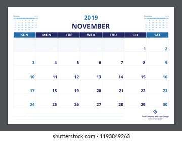 2019 calendar planner A5 size template design November starts week on Sunday.