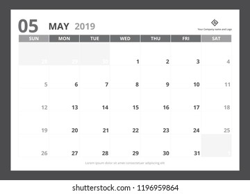 2019 calendar planner A5 size template design May starts week on Sunday.