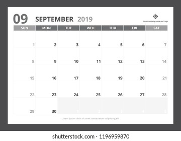 2019 calendar planner A5 size template design September starts week on Sunday.