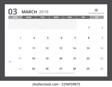2019 calendar planner A5 size template design March starts week on Sunday.