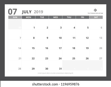 2019 calendar planner A5 size template design July starts week on Sunday.