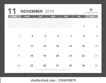 2019 calendar planner A5 size template design November starts week on Sunday.