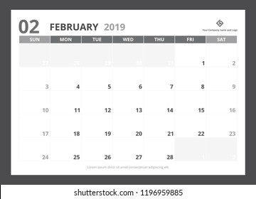 2019 calendar planner A5 size template design February starts week on Sunday.
