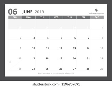 2019 calendar planner A5 size template design June starts week on Sunday.