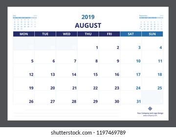 2019 calendar planner A5 size template design August starts week on Monday.