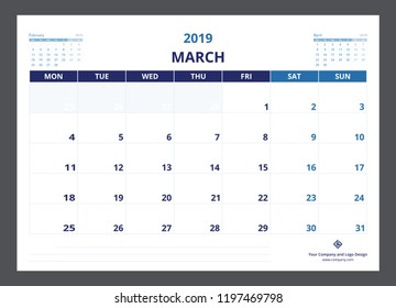 2019 calendar planner A5 size template design March starts week on Monday.