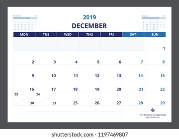 2019 calendar planner A5 size template design December starts week on Monday.