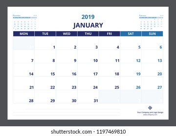 2019 calendar planner A5 size template design January starts week on Monday.