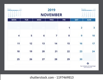 2019 calendar planner A5 size template design November starts week on Monday.