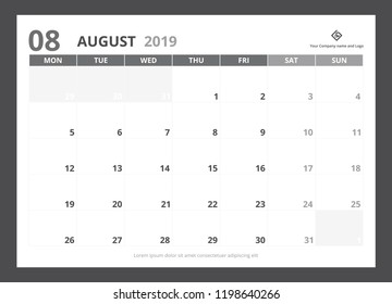2019 calendar planner A5 size template design August starts week on Monday.