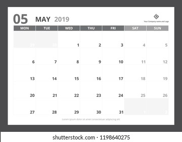 2019 calendar planner A5 size template design May starts week on Monday.