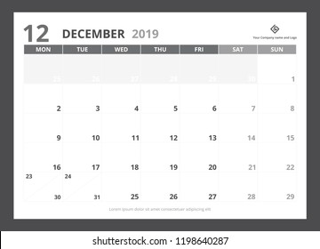 2019 calendar planner A5 size template design December starts week on Monday.