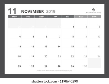 2019 calendar planner A5 size template design November starts week on Monday.