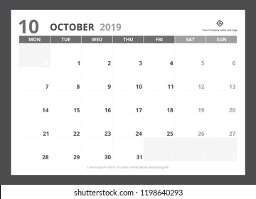 2019 calendar planner A5 size template design October starts week on Monday.