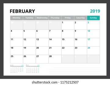 2019 calendar planner corporate template design February week start on Monday.