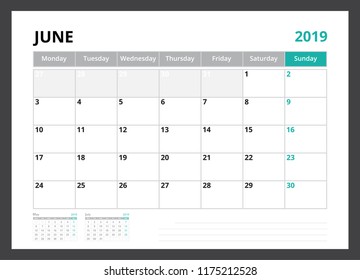 2019 calendar planner corporate template design June week start on Monday.