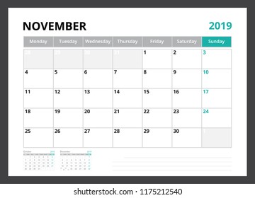 2019 calendar planner corporate template design November week start on Monday.