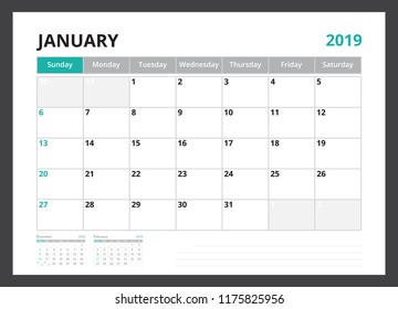 2019 calendar planner corporate template design January week start on Sunday.