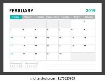 2019 calendar planner corporate template design February week start on Sunday.