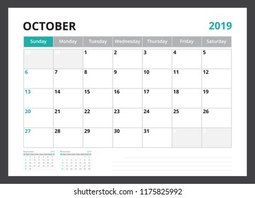 2019 calendar planner corporate template design October week start on Sunday.