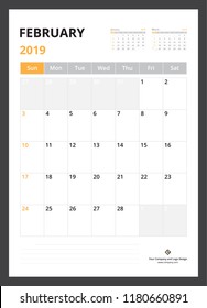 2019 calendar planner corporate template design February week start on Sunday.