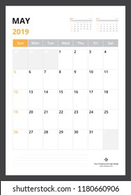 2019 calendar planner corporate template design May week start on Sunday.