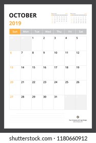 2019 calendar planner corporate template design October week start on Sunday.
