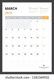 2019 calendar planner corporate template design March week start on Monday.