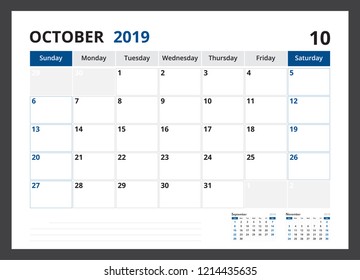 2019 calendar planner corporate template design October week start on Sunday.