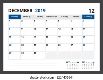 2019 calendar planner corporate template design December week start on Sunday.