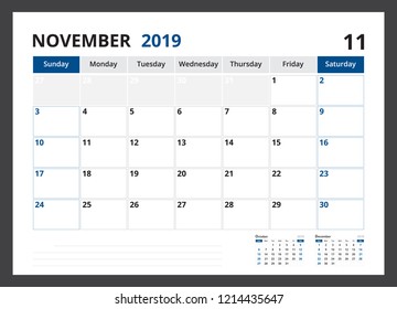 2019 calendar planner corporate template design November week start on Sunday.