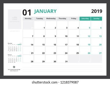 2019 calendar planner corporate template design January week start on Monday.